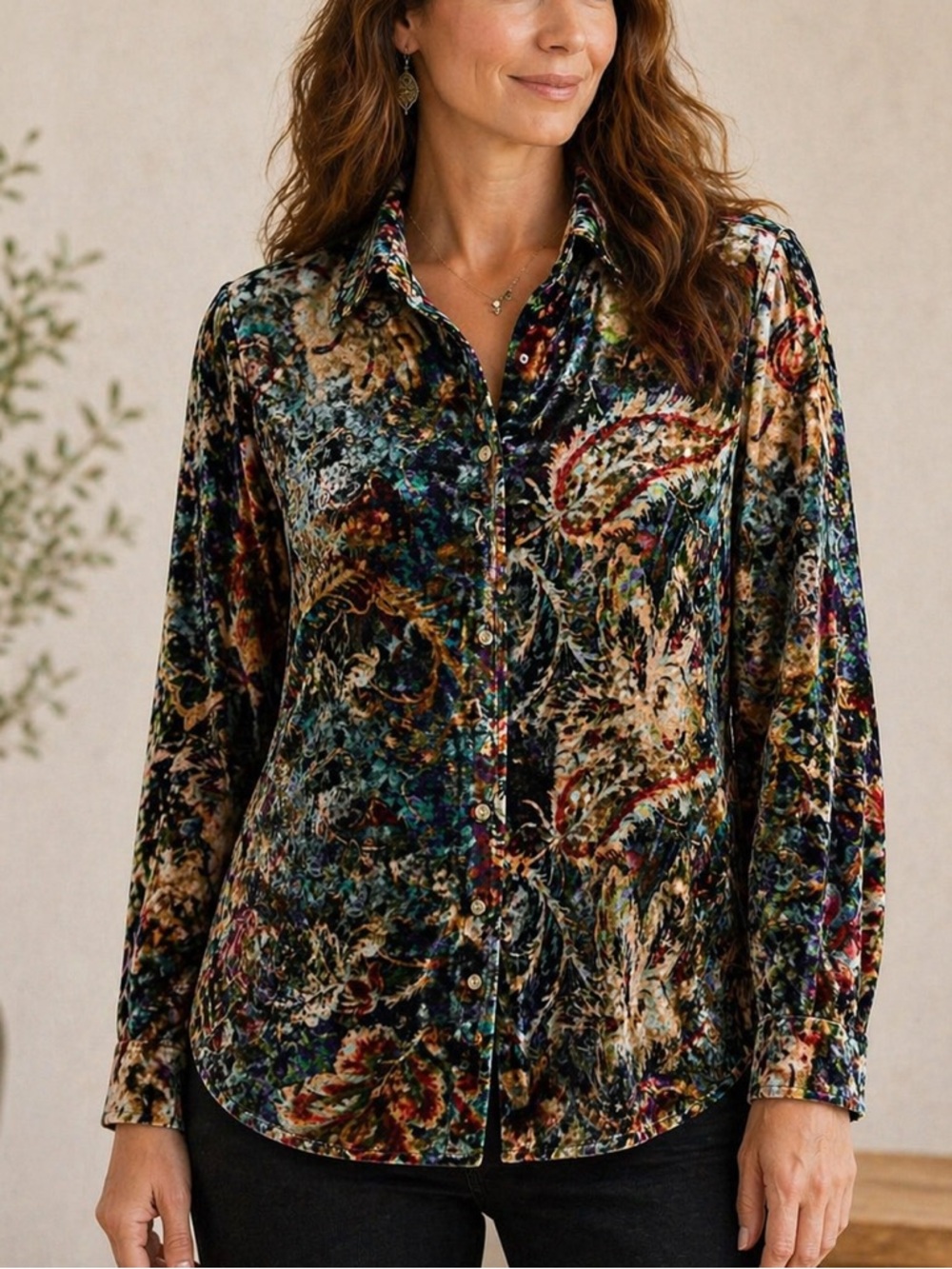 Soft Surroundings Silk Blend Velvet Paisley Button Front Blouse Size M